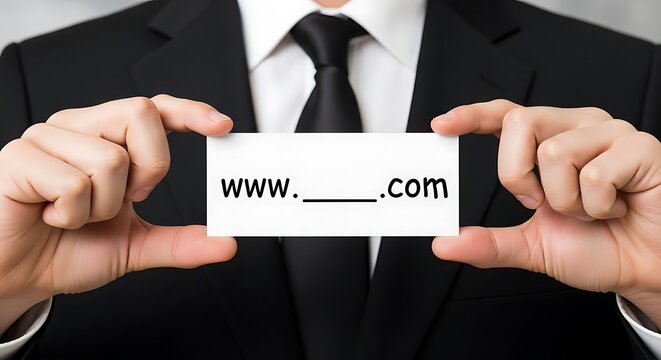 Businessman displays blank domain name card, symbolizing website creation or online identity.