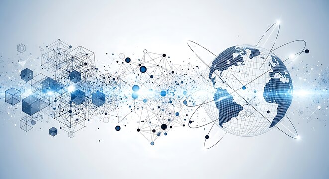 Global network connection visualized with abstract data cubes and a stylized Earth, representing interconnectedness and data flow.