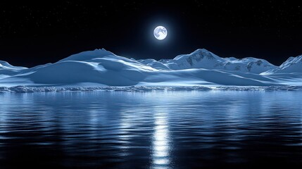 Serene Antarctic Night Full Moon over Snow-Covered Mountains