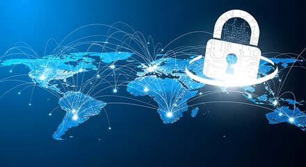 World map with network connections and a padlock, representing global security and data protection.