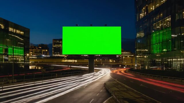 Bright green screen billboard stands illuminated above a city highway at nightfall, ideal for advertising mockups, digital marketing visuals, and modern urban branding in commercial campaigns