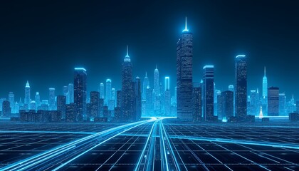 Futuristic blue glowing cityscape with digital grid image