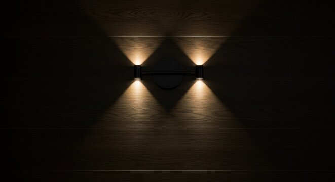 A modern, sleek wall fixture with two cylindrical light sources casting triangular light beams onto dark, horizontal wooden paneling
