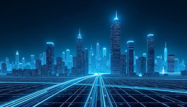 Futuristic blue glowing cityscape with digital grid image - Powered by Adobe