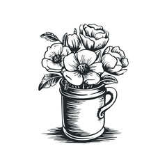 Hand drawn vector illustration of flowers in a mug on a table
