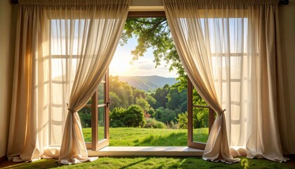 Open large window with sheer curtains blowing in the wind 