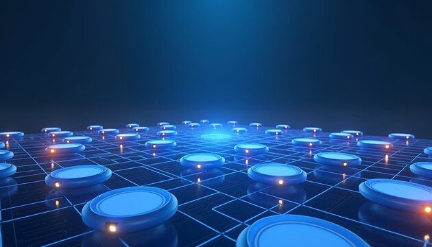Glowing blue circular nodes on digital grid technology network