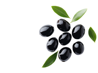Cluster of ripe black olives with green leaves isolated on transparent background