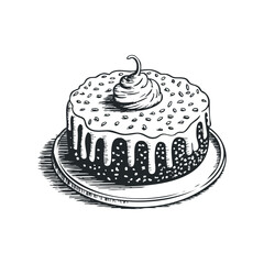 Hand drawn illustration of a delicious cake with icing and garnish