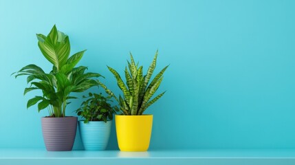 Fototapeta premium Simple arrangement of three houseplants popping against pastel blue