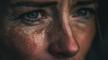 A close-up view of a person crying, tears running down their face, expressing pain.