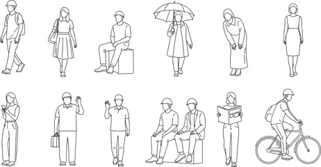 CAD Drawings. Set people outlines isolated on white background. Sitting, walking, etc.