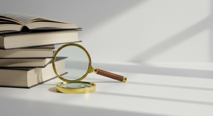 Stack of books with magnifying glass bathed in sunlight on white surface