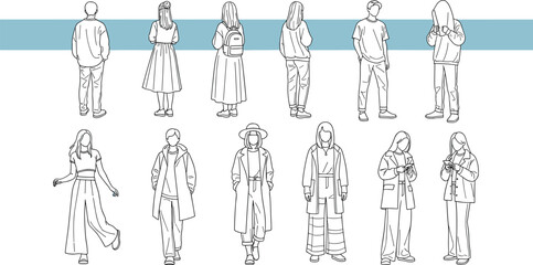 CAD Drawings. Set people outlines isolated on white background. Sitting, walking, dancing, etc.