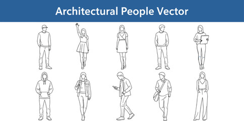 CAD Drawings. Set people outlines isolated on white background. Sitting, walking, dancing, etc.