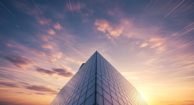 Sharp angle view of a modern skyscraper's glass facade piercing a colorful, dynamic sky at dusk. Light trails converge