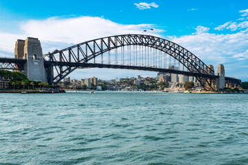 The Sydney Harbor Bridge is a heritage-listed steel through arch bridge,  nicknamed The Coathanger because of its arch-based design and carries rail, vehicular, bicycle and pedestrian. Australia, 2019