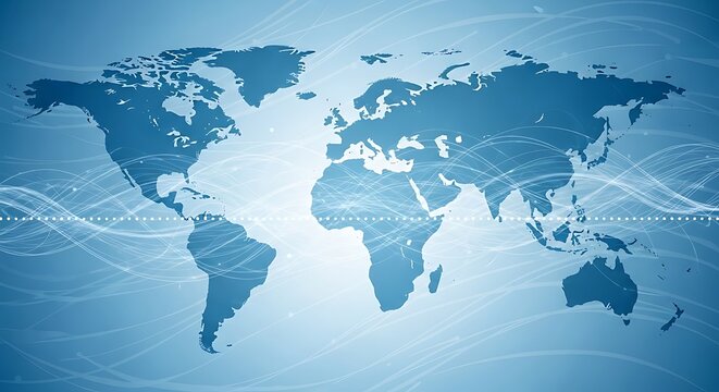 World map graphic with abstract light blue waves, depicting global interconnectedness.
