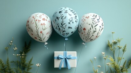 Festive Balloons and Gift Box with Floral Designs