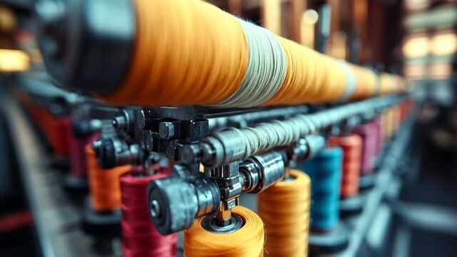 Detailed image of orange and yellow industrial thread spools on textile production line, symbolizing efficiency, fabric manufacturing, vivid color contrasts, and contemporary clothing industry process