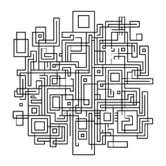 A complex and intricate black and white abstract labyrinth, featuring a network of overlapping square and rectangular lines for a modern, minimalist, and conceptual design.
