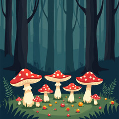 Fototapeta premium Magical Forest with Fly Agaric Mushrooms and Berries