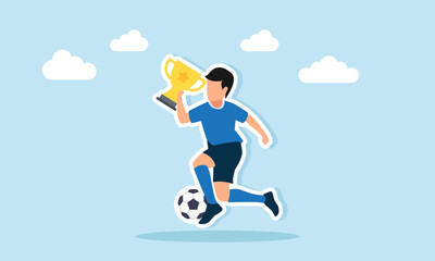 Football player dribbling the ball while holding a trophy illustration of a club winning a championship