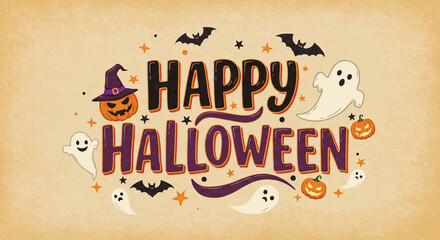 Halloweenの手書きの文字、イラスト、見出し