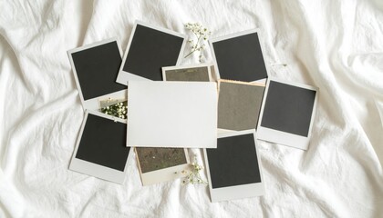 Polaroid photos scattered on white linen background 