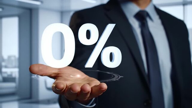 Businessman suit office holding zero percent symbol, concept of finance interest rate loan discount offer, modern workspace professional opportunity, confident success, banking investment promotion