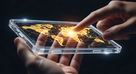 Hands interacting with a transparent tablet displaying a glowing world map, highlighting a specific location.