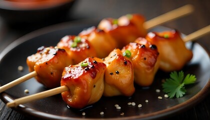 Glazed chicken skewers with sesame seeds and herbs image