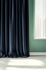 Dark blue curtains drape against a sage green wall, sunlight streams across the floor.