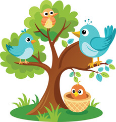 Fototapeta premium Cute cartoon birds in a tree with a nest isolated on white background