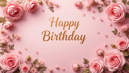 pink roses frame, happy birthday greeting card