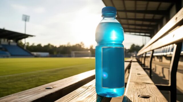 Blue sports drink bottle on a bench in a stadium on a sunny day, drink for sport and lifestyle.