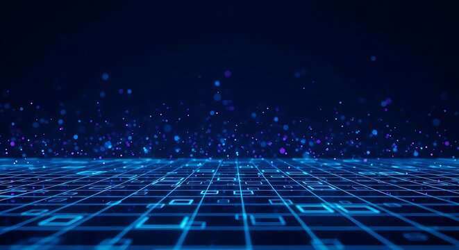 Abstract digital grid floor with floating particles.