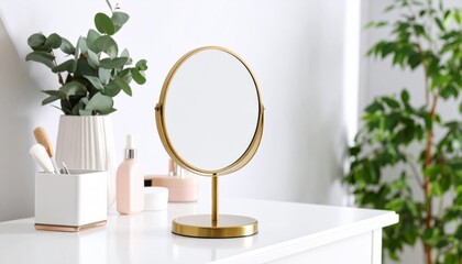 Small round mirror with gold frame on classic vanity table