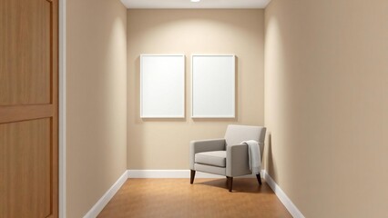 Minimalist hallway with a single armchair and two blank picture frames