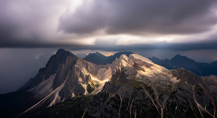 Dramatic mountain peaks bathed in sunlight breaking through storm clouds.