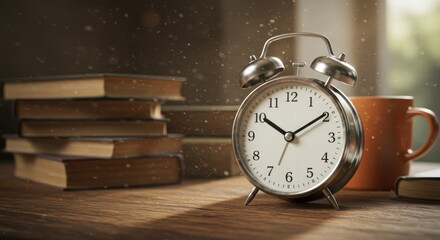 Naklejka premium Clock, books, and mug sitting on a wooden desk in a warm, softly lit, serene atmosphere