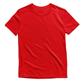 A vibrant red tshirt is shown against a stark black background