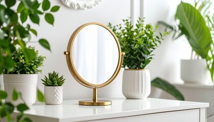 Small round mirror with gold frame on classic vanity table