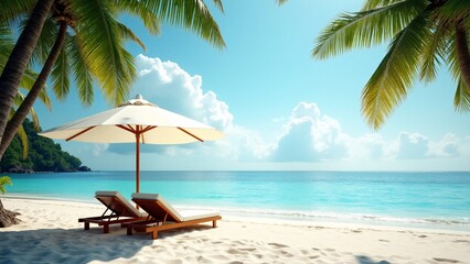 Obraz premium Idyllic Tropical Beach with Umbrella and Chairs