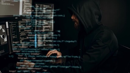 Hacker's Gaze Man in Hoodie with Digital Code Overlay. Perfect for themes technology, internet security, cybercrime, programming, data analysis