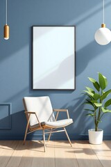 Modern living room with blue walls a chair and pendant lights