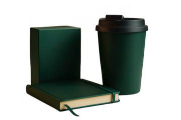 Forest-green notebook and travel mug on a dark background.