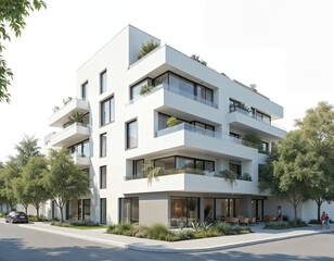 Modern white apartment building with balconies and trees image