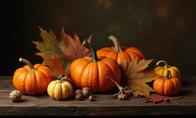 Autumn Harvest Display: Pumpkins and Fallen Leaves