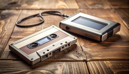 Cassette tape and walkman on a vintage wooden desk